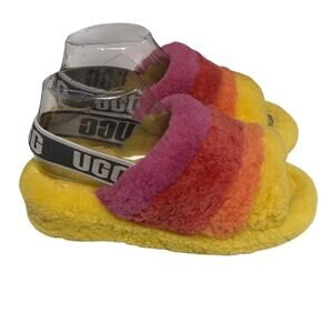 UGG Fluff Yeah Slide Pride Rainbow Yellow Fur Slippers Womens Size 7